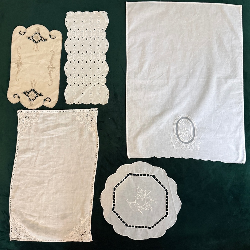 Vintage White Linen Doily and Table Runner Lot 5pc Embroidered Lace